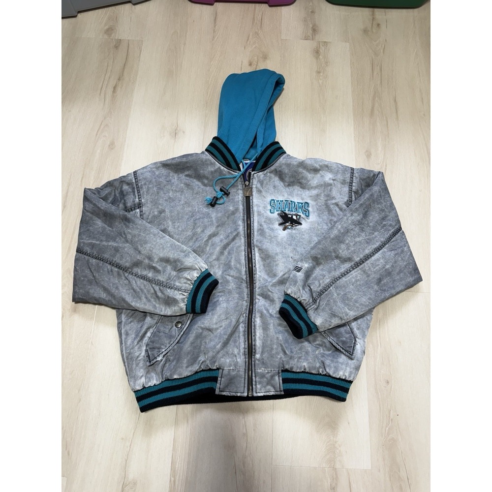 Vtg 90s Logo 7 San Jose Sharks NHL Hockey Acid Wash Jacket RARE Men's Medium